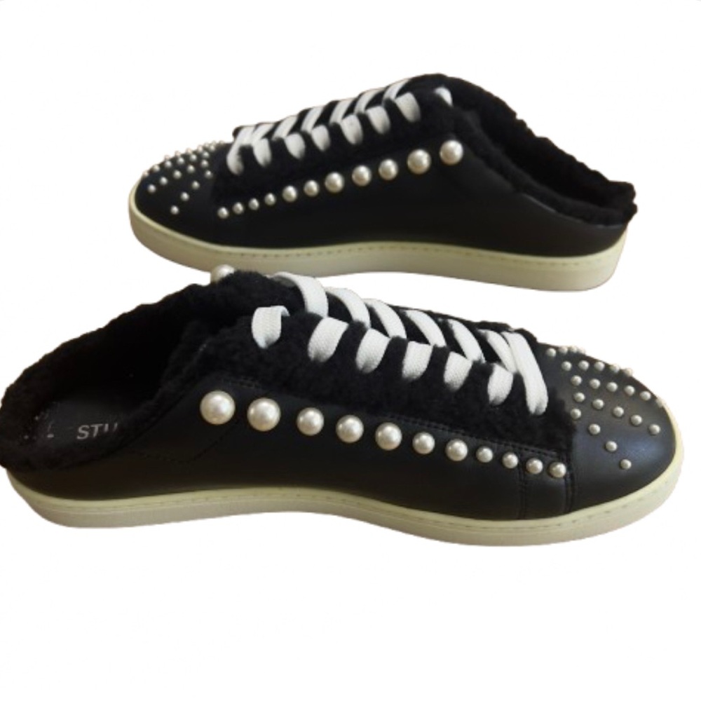 Stuart Weitzman Goldie Slip On Leather Slides Black Pearl Shearling Mules 9.5